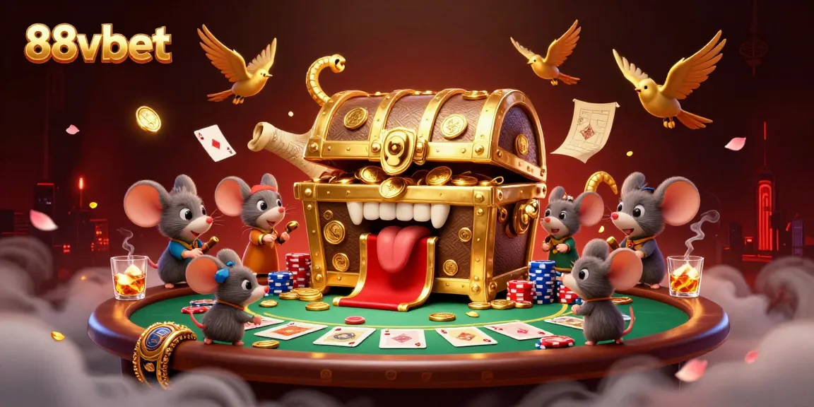Engage in the thrilling world of 88vbet with an enchanting casino scene filled with golden treasures and poker excitement.