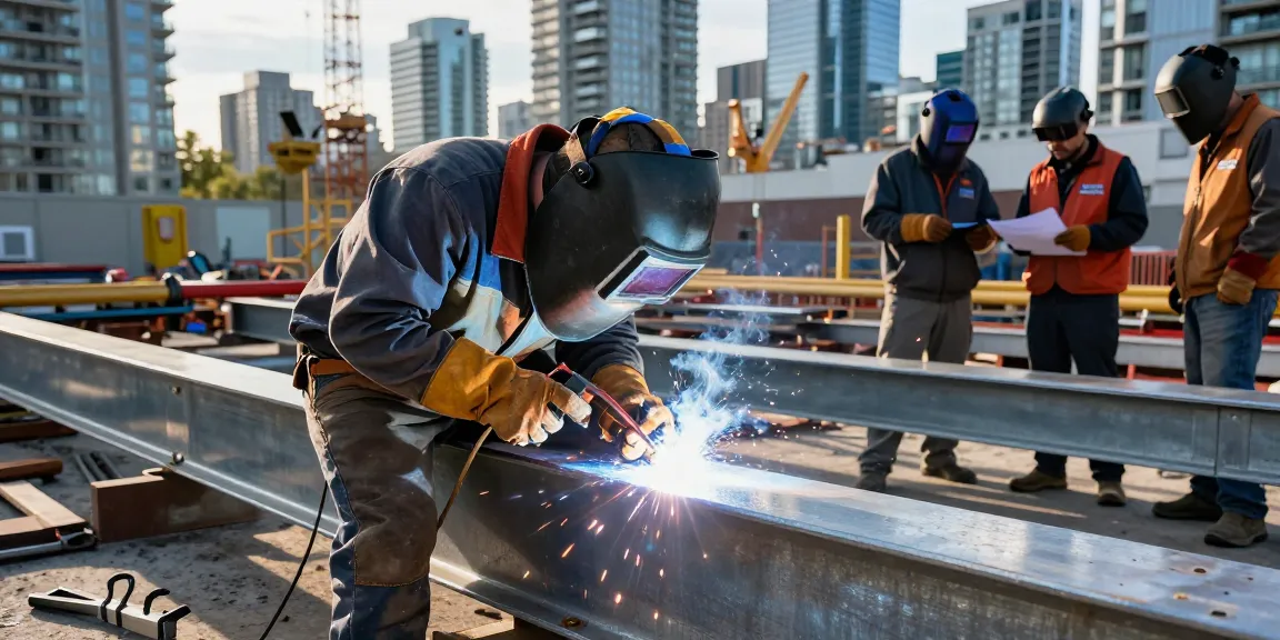 Experienced team from Vancouver Welding Company welding structural steel beam on-site with city skyline in background