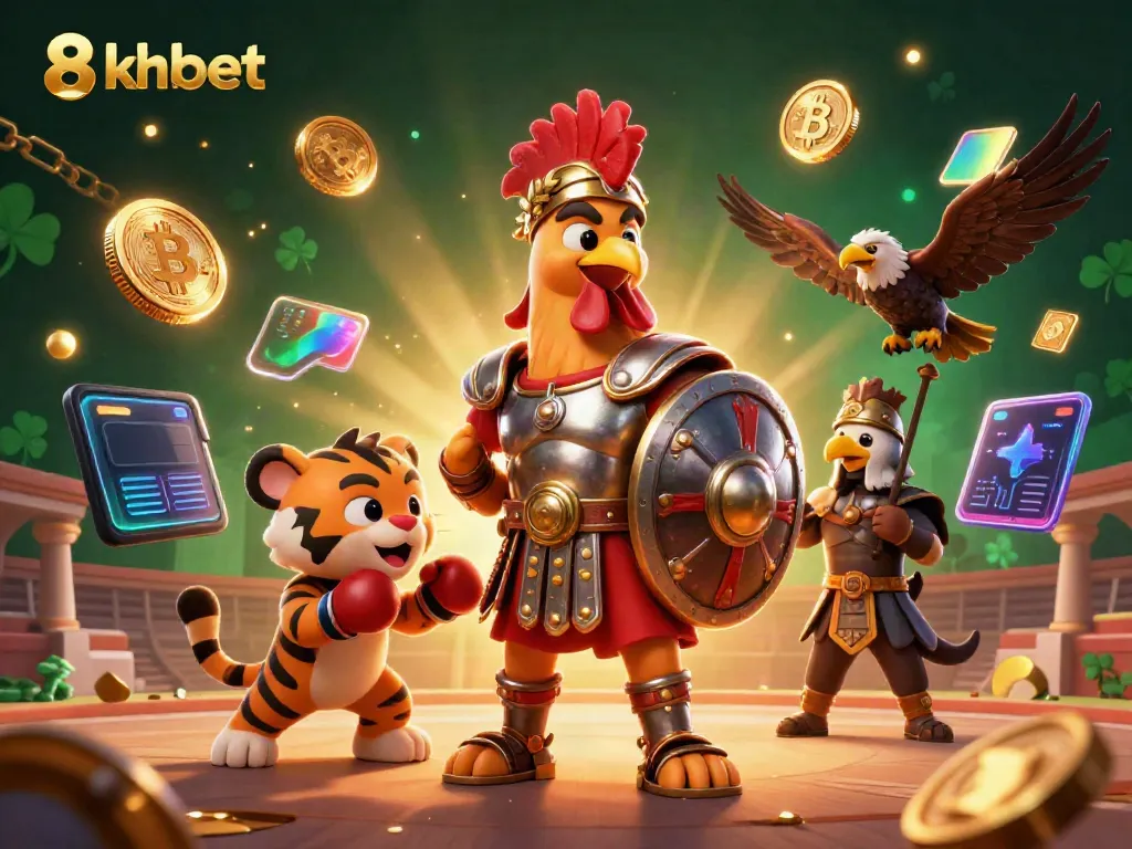 Win big with 8xbet as cartoon gladiator rooster bets in a vibrant casino atmosphere.