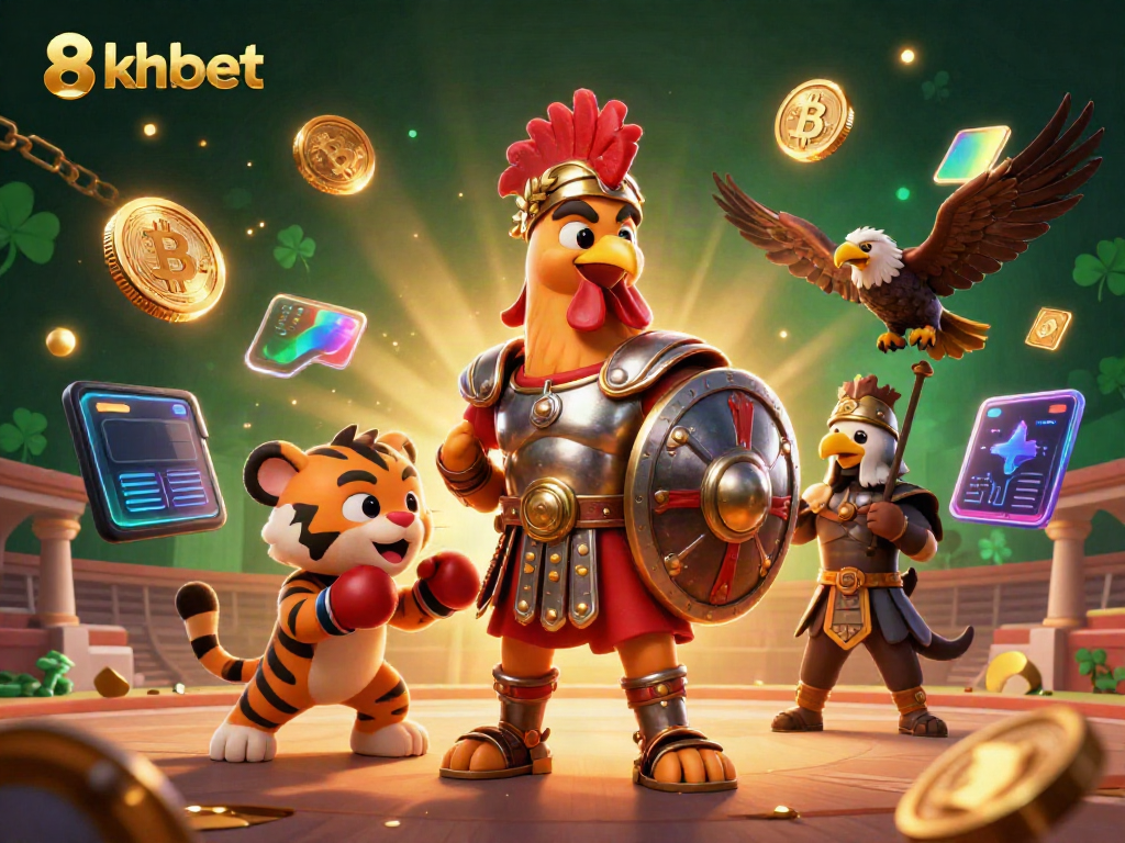 Win big with 8xbet as cartoon gladiator rooster bets in a vibrant casino atmosphere.