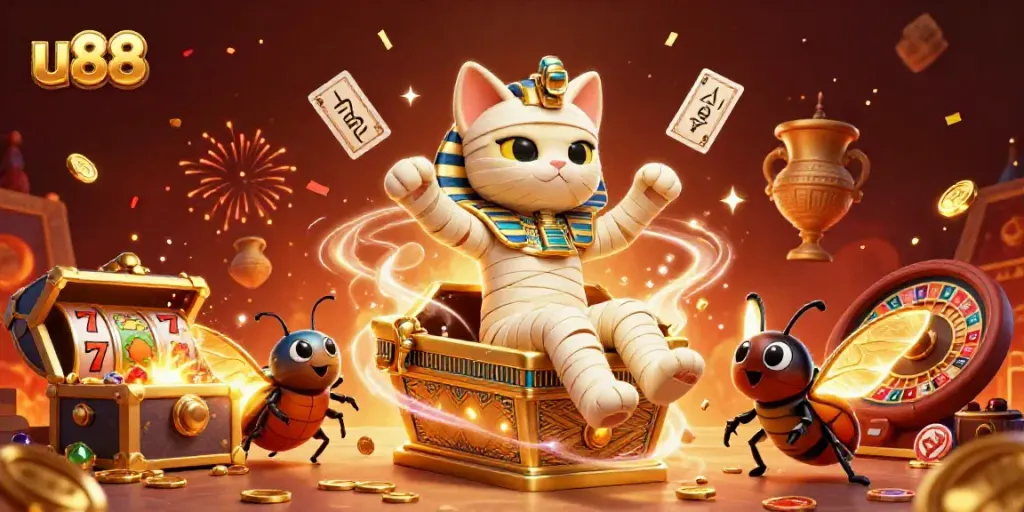Experience the excitement at u88 with an Egyptian mummy cat exploring slot games and treasures!