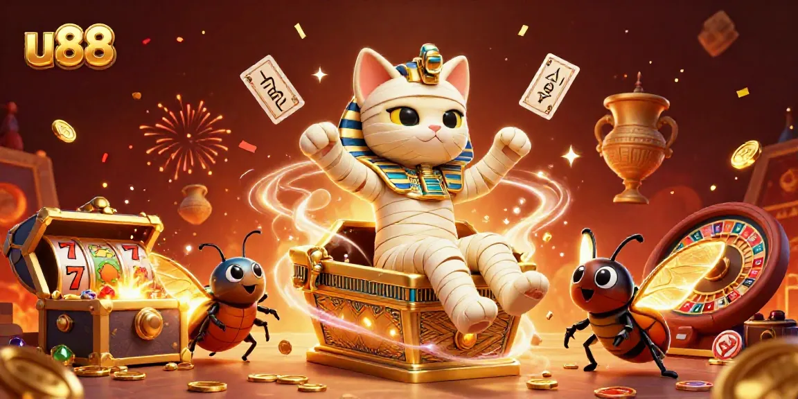 Experience the excitement at u88 with an Egyptian mummy cat exploring slot games and treasures!