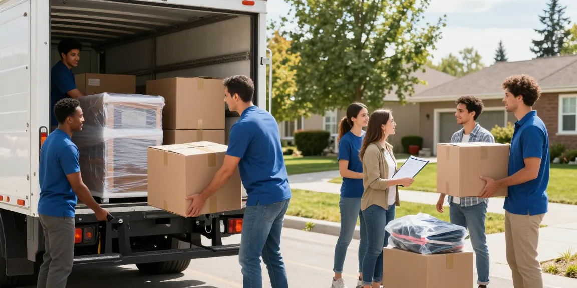 Professional apartments movers assisting a family on moving day in Calgary, showcasing organized loading of a truck.