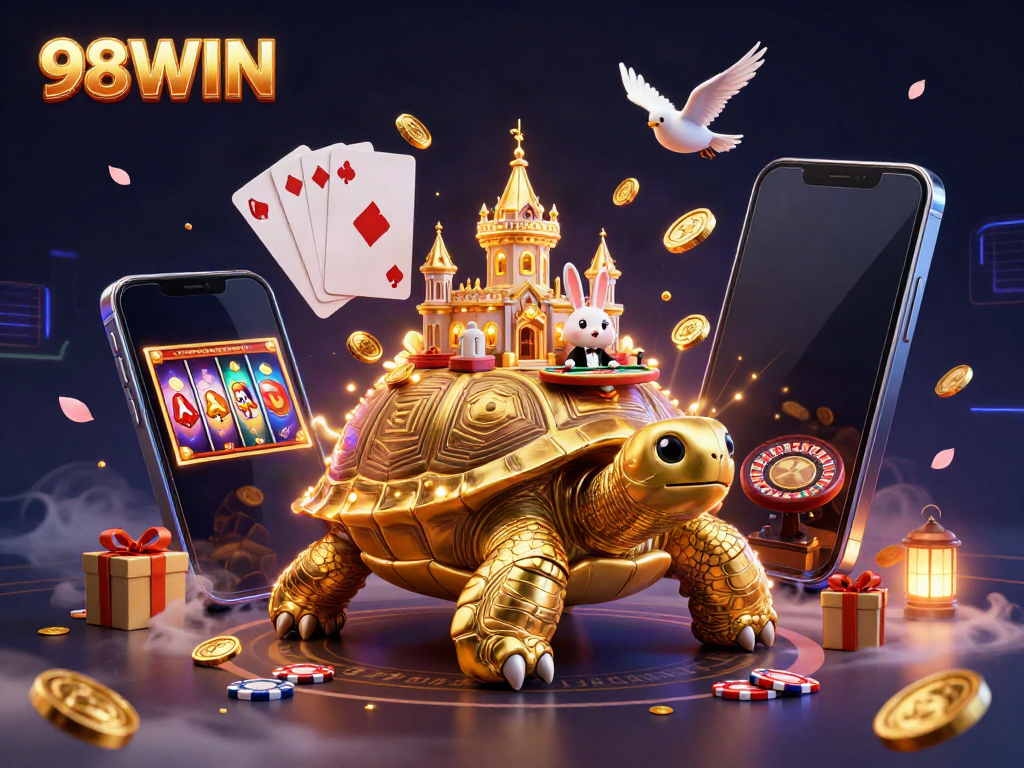 Experience the thrill of 98WIN with a dynamic casino scene featuring golden tortoise, rabbit dealer, and flying coins.