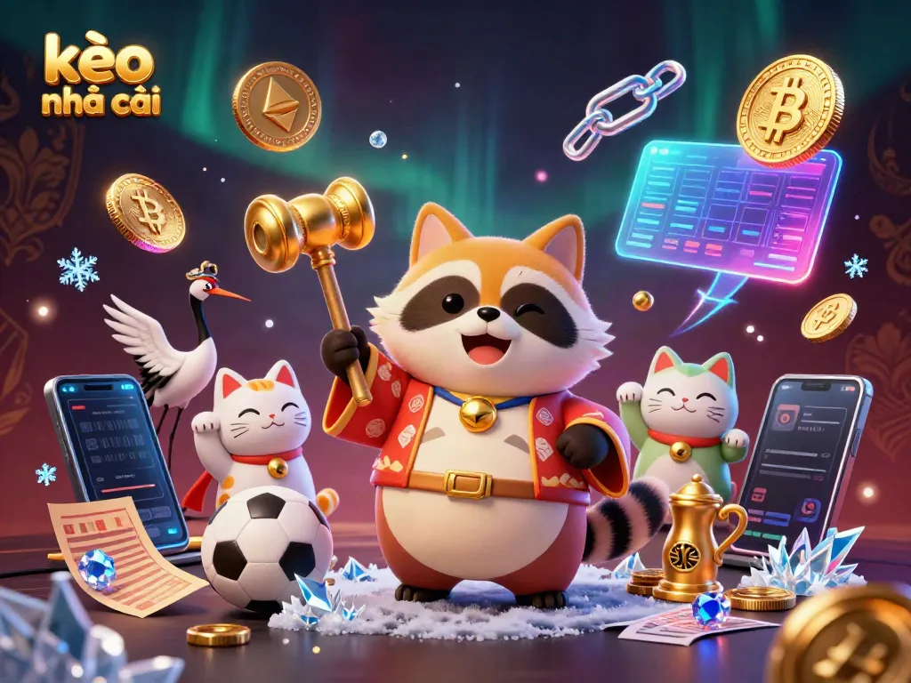 Engage with kèo nhà cái as cheerful tanuki and friends celebrate sports betting success amid vibrant visuals.