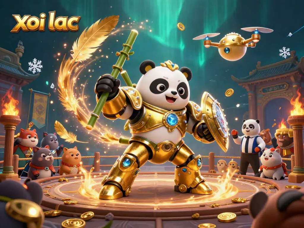 Engage in thrilling action at xoi lac with a mech-suit panda and dynamic betting elements in a vibrant arena.