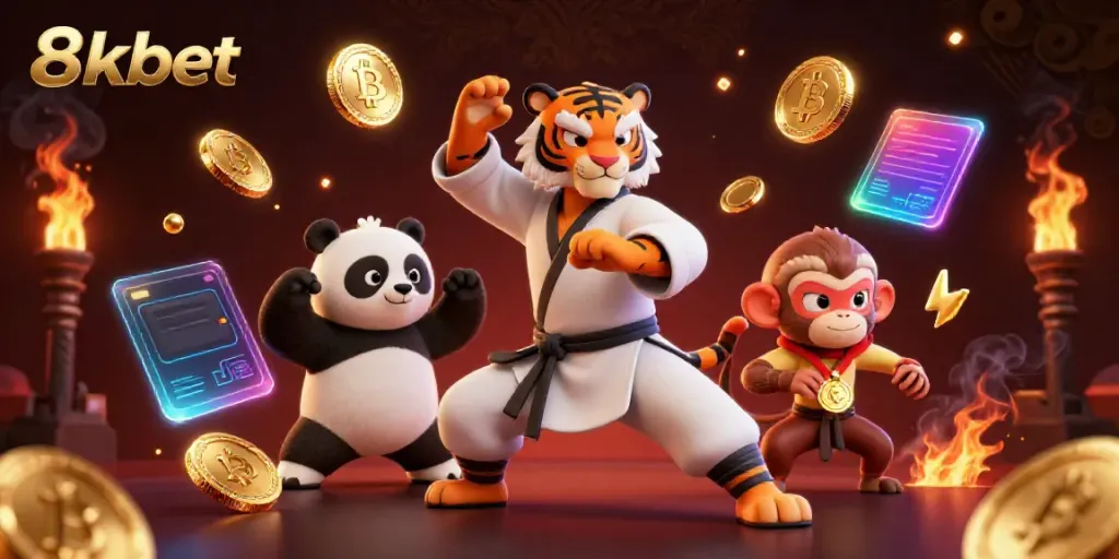 Engage with 8xbet's dynamic 3D casino scene featuring kung fu characters, crypto elements, and vibrant details.