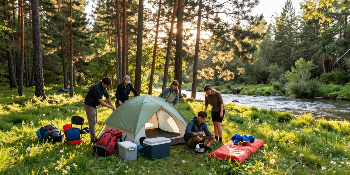 Group of friends enjoying the outdoors with rokok88 camping gear in a scenic forest setting.
