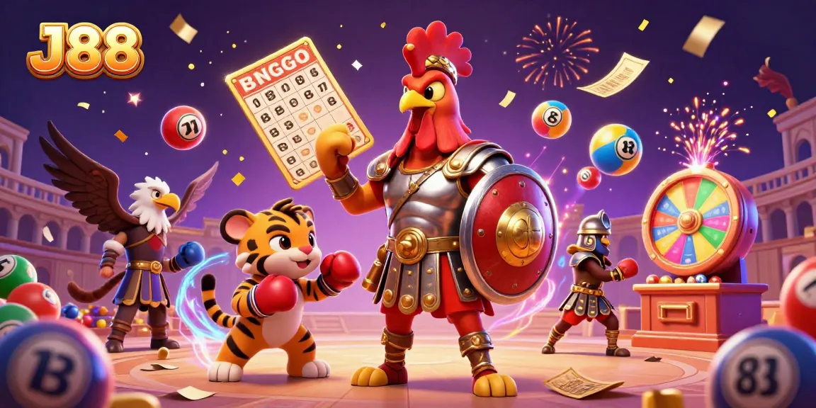 J88 interactive illustration showcasing a dynamic casino scene with a rooster, tiger cub, and eagle amidst vibrant gaming elements.