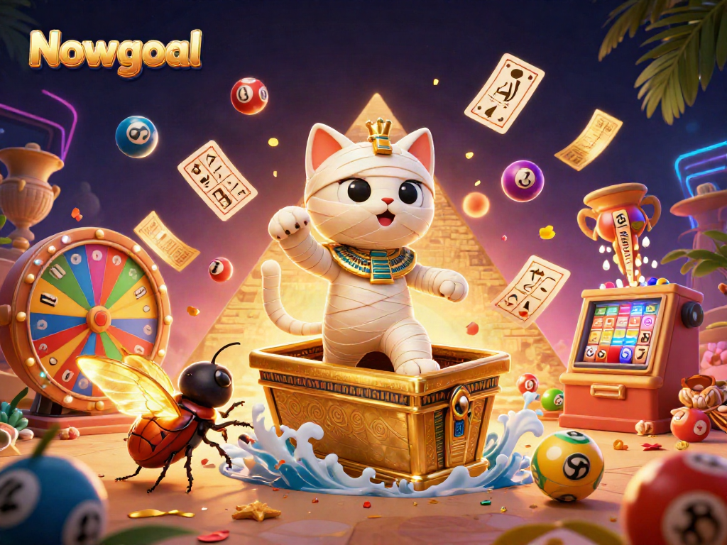 Experience thrilling moments with Nowgoal as the Egyptian mummy cat bursts from its sarcophagus in a vibrant casino scene.