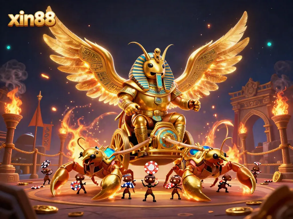 Experience winning thrills with xin88 in this dynamic casino scene featuring a golden scarab and scorpions.