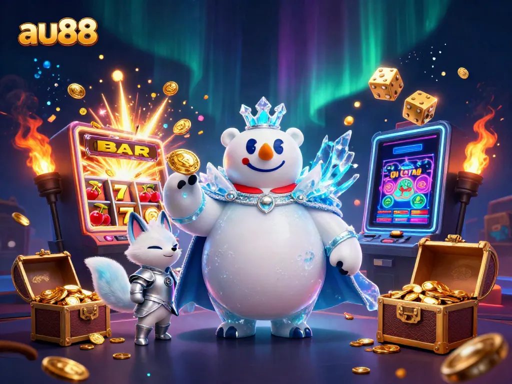 Experience the thrill of au88's jackpot with a polar bear king and fox in a vibrant casino scene.