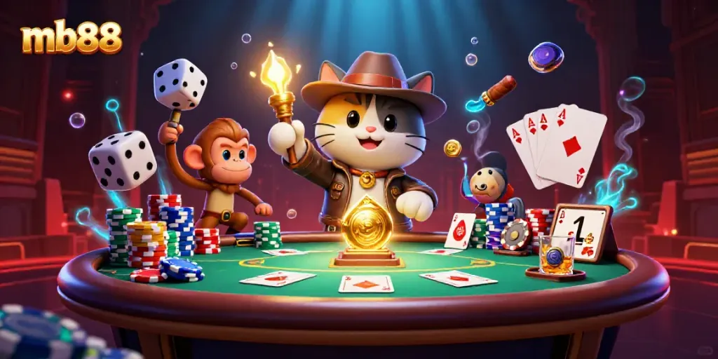 Exciting mb88 casino gaming scene with an explorer cat and monkey companion uncovering treasures.