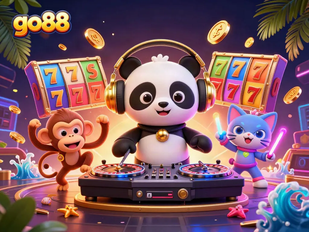 Experience the excitement of go88 through a vibrant illustration of casino-themed fun with animated characters.