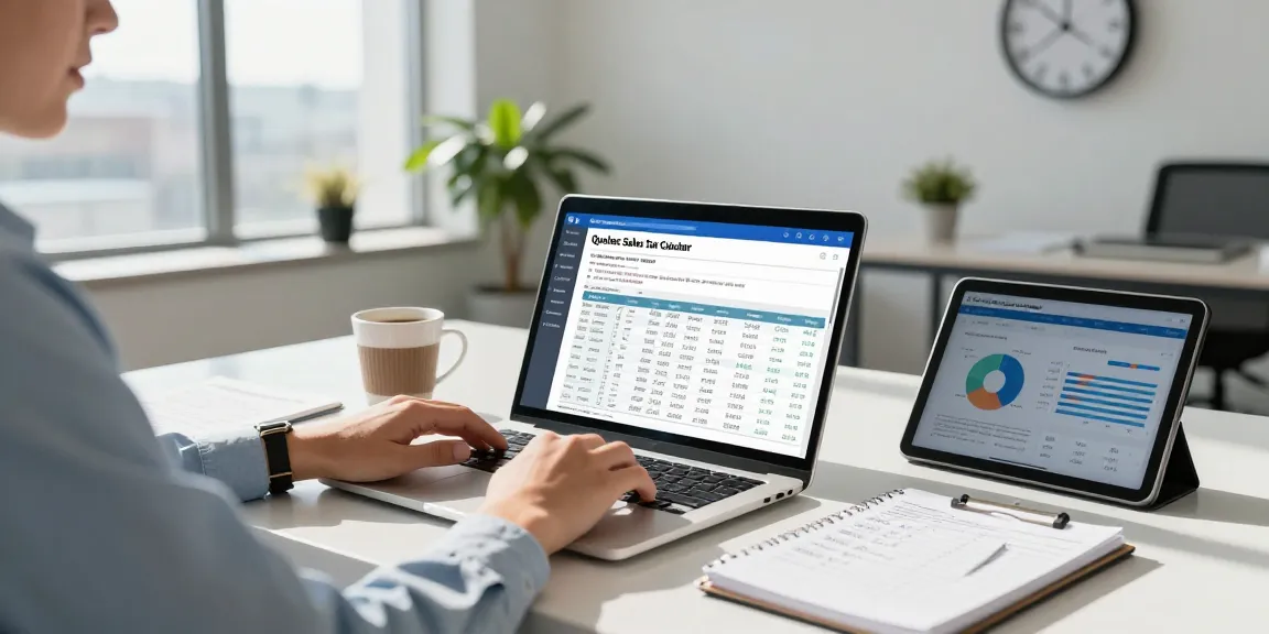 Using the quebec sales tax calculator 2026 in a modern workspace, highlighting detailed tax calculations.
