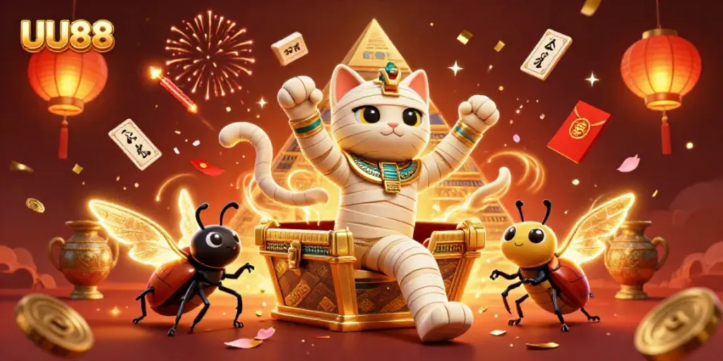 UU88 showcases thrilling gaming action with a mummy cat, casino elements, and stunning visuals.