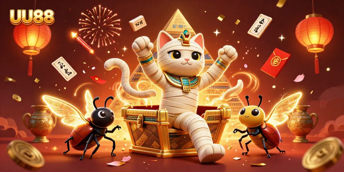 UU88 showcases thrilling gaming action with a mummy cat, casino elements, and stunning visuals.