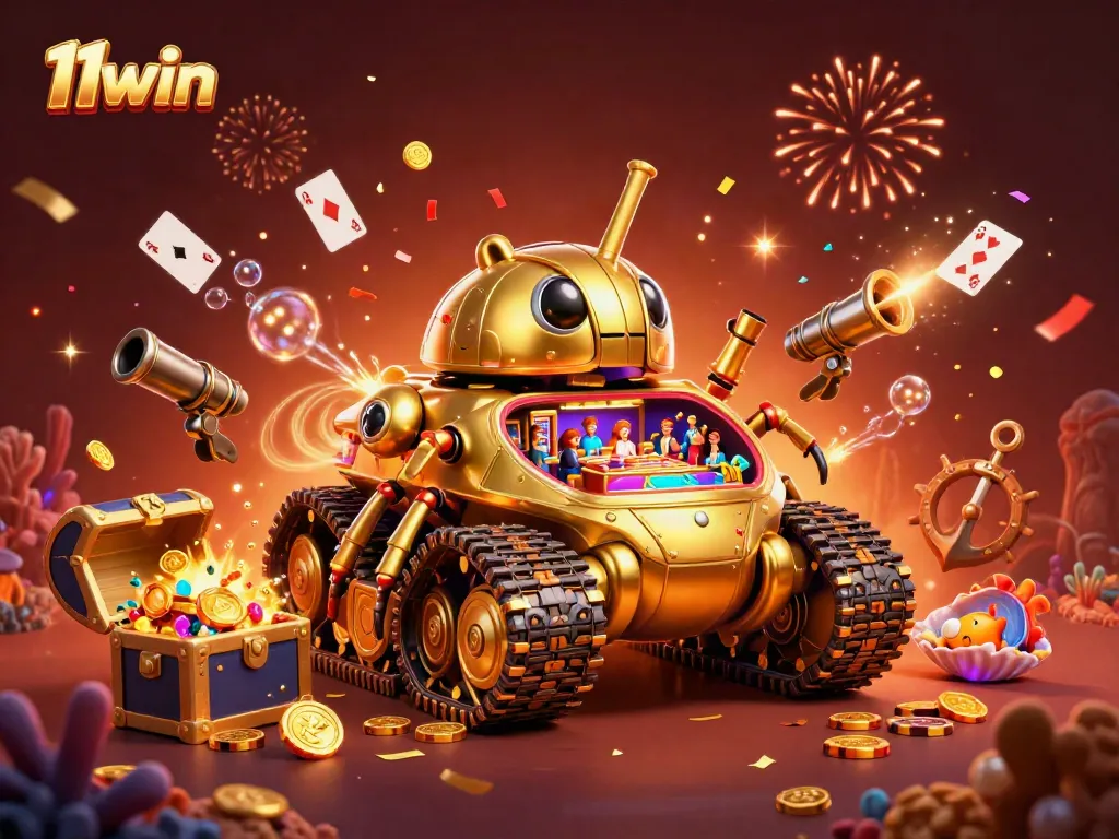 Experience the excitement of 11win with a 3D golden beetle tank casino amidst dazzling treasures.