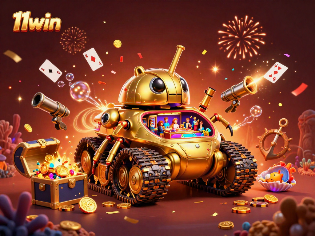 Experience the excitement of 11win with a 3D golden beetle tank casino amidst dazzling treasures.