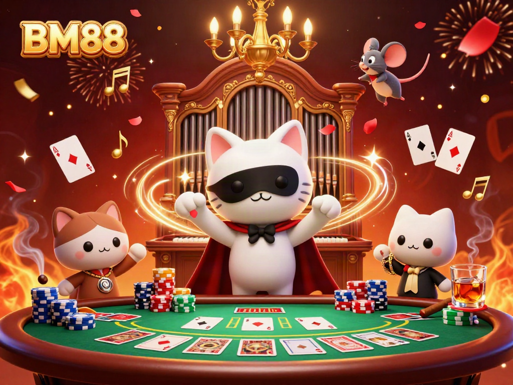 Engage with BM88's vibrant casino scene featuring a masked cat and acrobat, rich in poker elements.