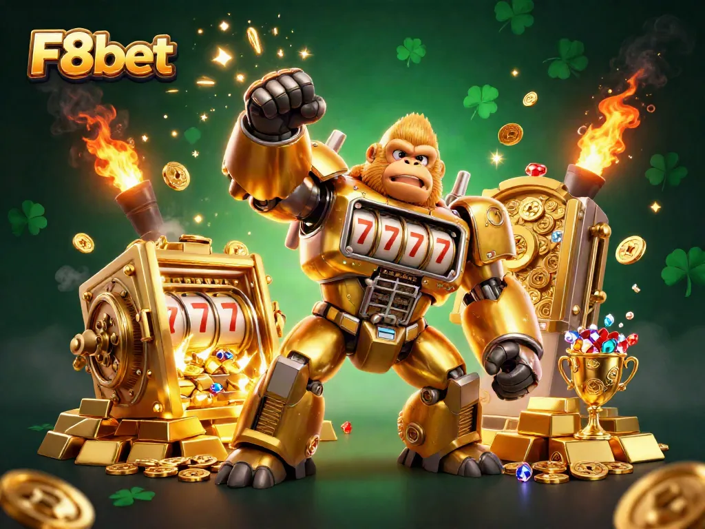 Experience vibrant winnings with F8bet's dynamic golden gorilla mech amidst treasures.