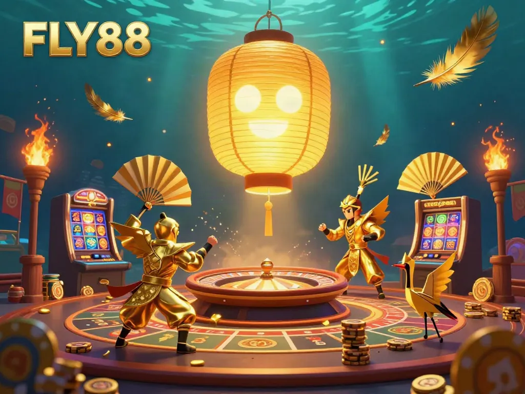 Experience FLY88’s vibrant casino ambiance with a giant golden lantern spirit and slot games in a magical setting.