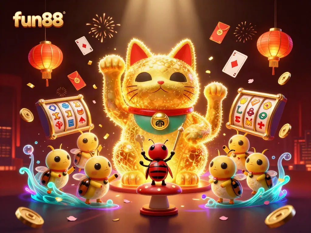 Engage in fun88's vibrant casino world with a luminous lucky cat and dynamic slot elements.