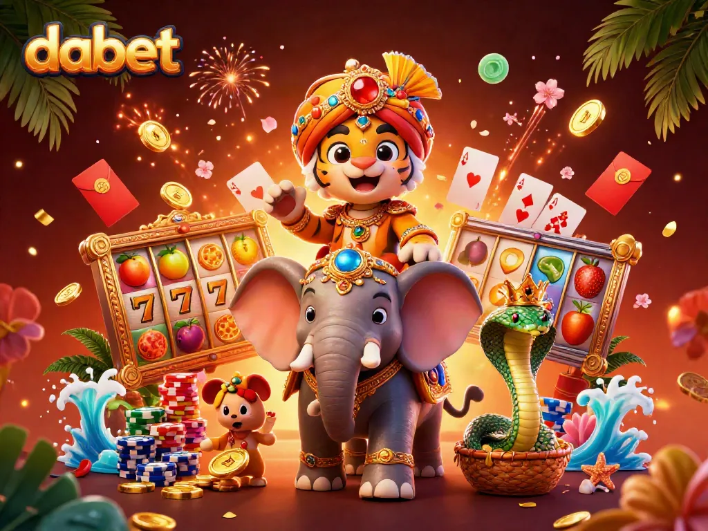 Dabet slot game illustration featuring a vibrant maharaja tiger and jewel-encrusted elephant with casino theme elements
