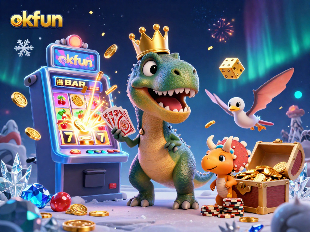 Experience thrilling moments with okfun as a T-Rex shuffles cards while a pterodactyl assists in this vibrant casino scene.
