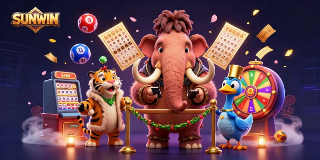 SUNWIN casino scene with a woolly mammoth bouncer, saber-tooth tiger VIP, and dynamic lottery elements.