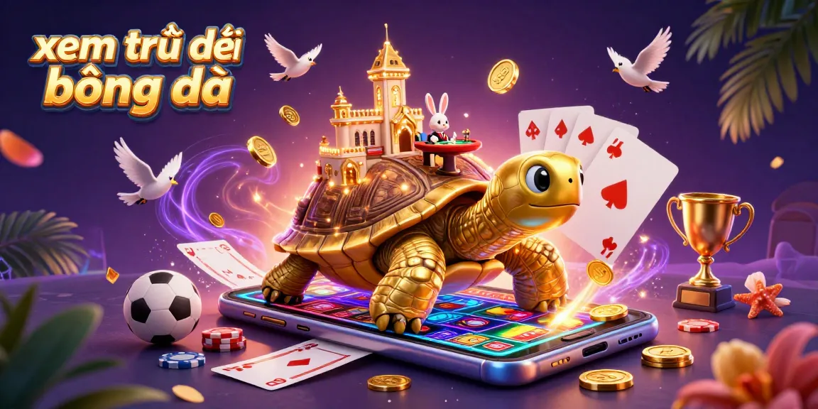Experience xem trực tiếp bóng đá with dynamic sports betting elements, including a golden tortoise and vibrant game graphics.