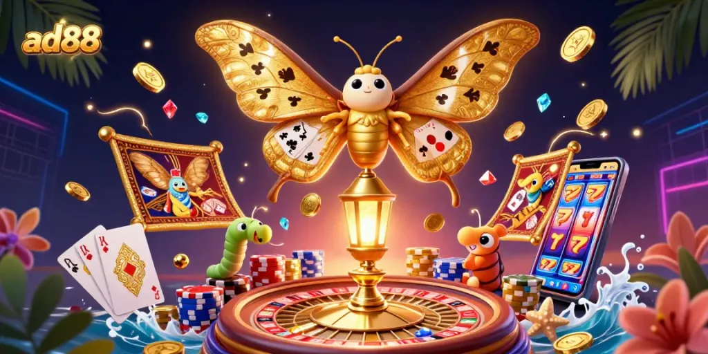 ad88 promotes excitement in gaming with vibrant casino elements, including a majestic moth representation.