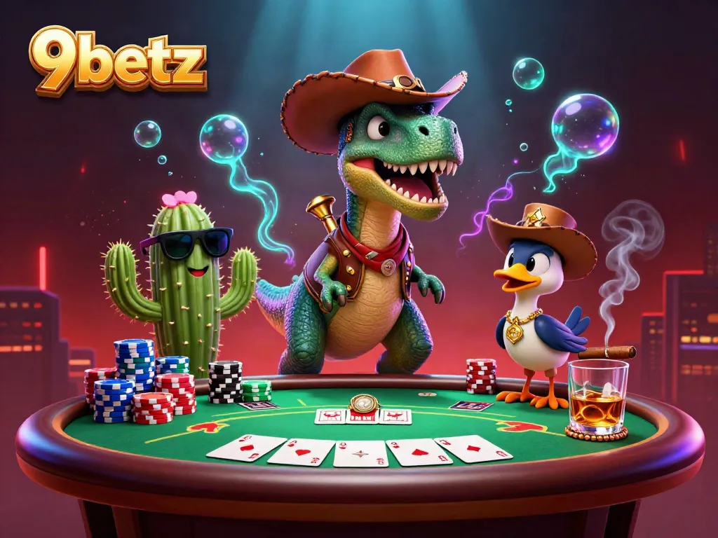 Catch the excitement at 9betz with this vibrant illustration of a T-Rex and friends enjoying poker action!