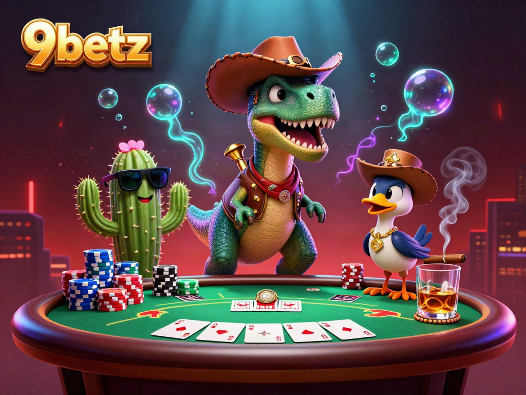 Catch the excitement at 9betz with this vibrant illustration of a T-Rex and friends enjoying poker action!