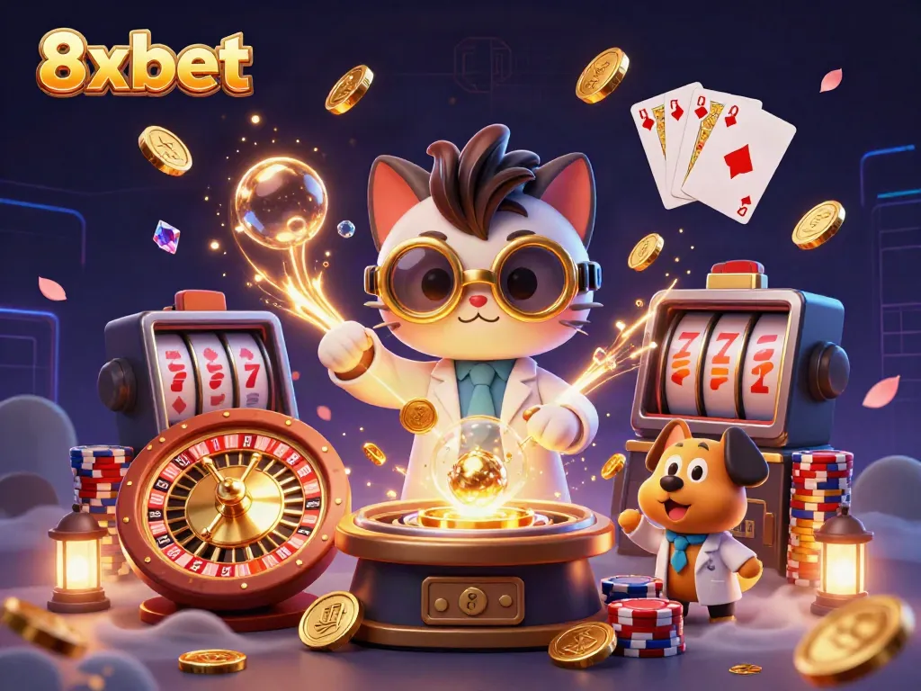 Experience 8xbet’s vibrant casino scene with a mad scientist cat and a dog in a high-energy gaming lab.