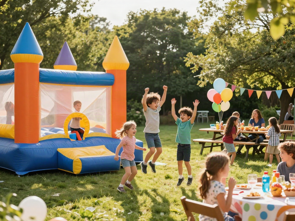 Children enjoying a bounce castle at a vibrant outdoor birthday party.