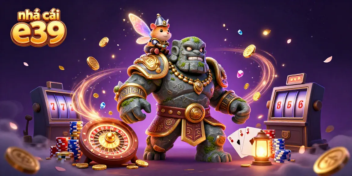 Engage with the magical scene at nhà cái e39 featuring a stone golem, fairy, and hamster knight amidst a vibrant casino.