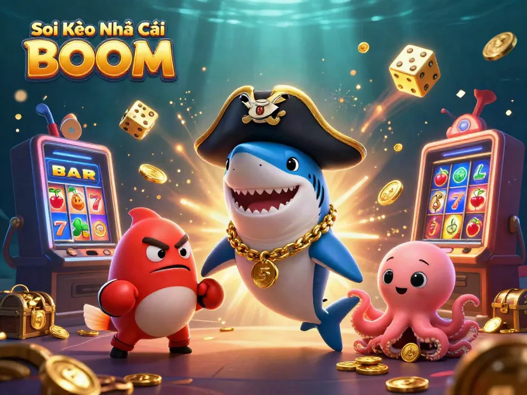 Soi Kèo Nhà Cái BOOM showcases a vibrant underwater casino world with characters celebrating a jackpot.