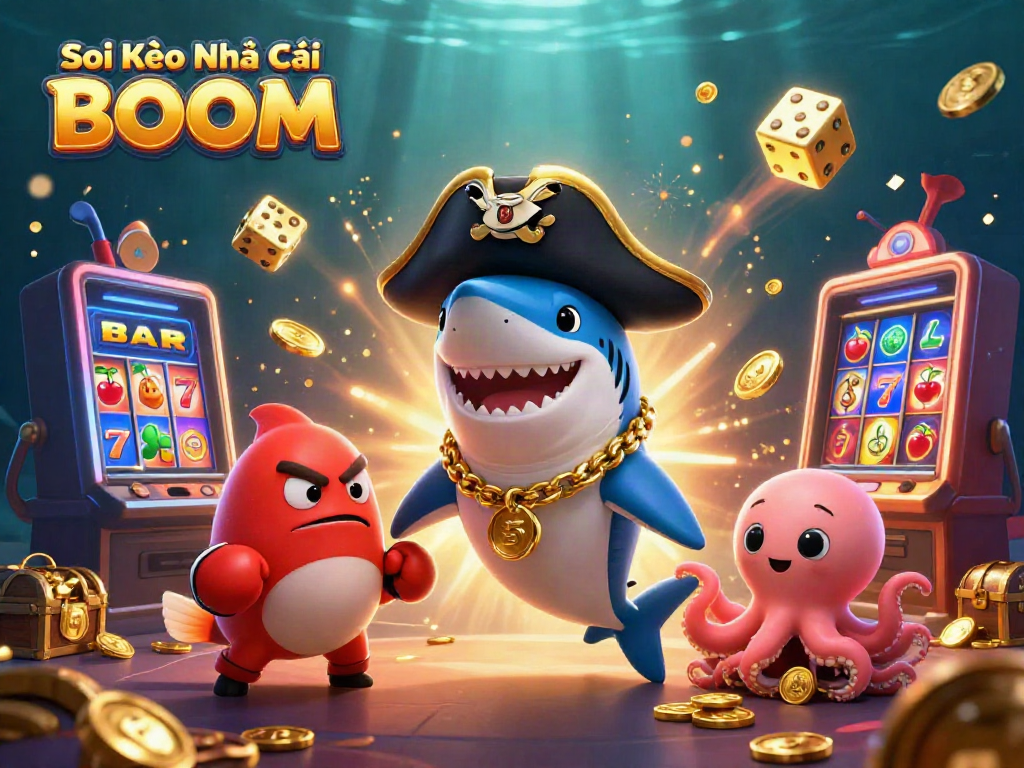 Soi Kèo Nhà Cái BOOM showcases a vibrant underwater casino world with characters celebrating a jackpot.