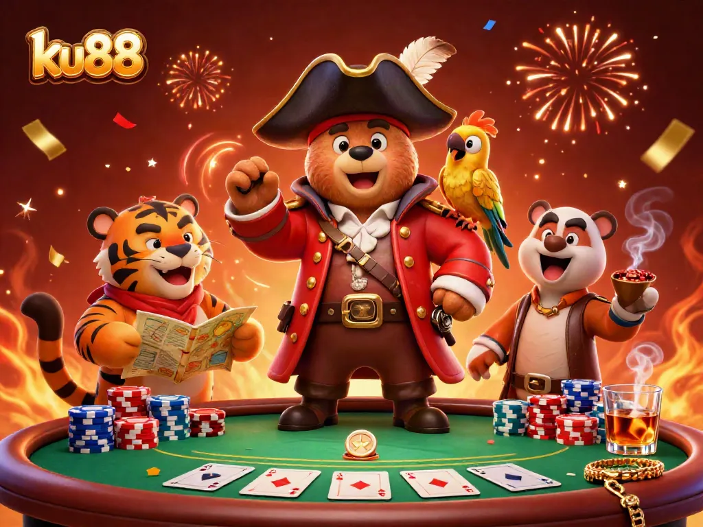 Play poker with ku88's thrilling pirate gang featuring a bear captain, tiger mate, and golden parrot.