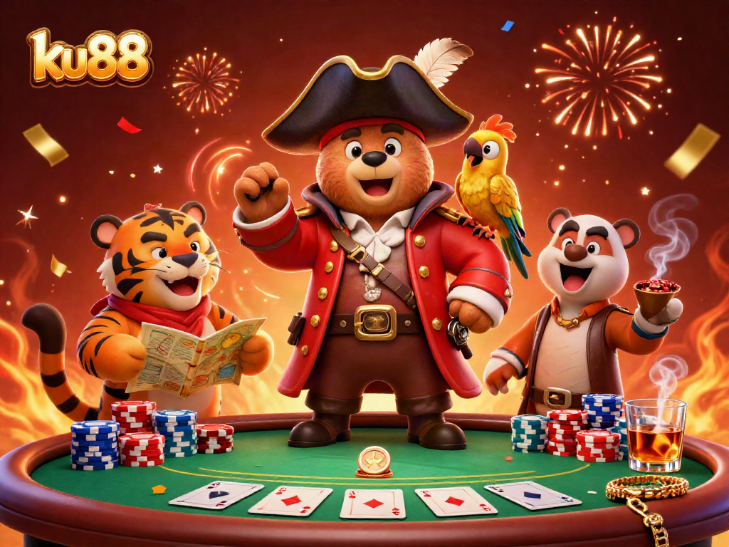 Play poker with ku88's thrilling pirate gang featuring a bear captain, tiger mate, and golden parrot.