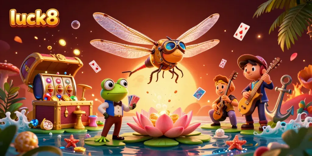 Win big at luck8 with a vibrant 3D casino scene featuring a pilot dragonfly and frog croupier.