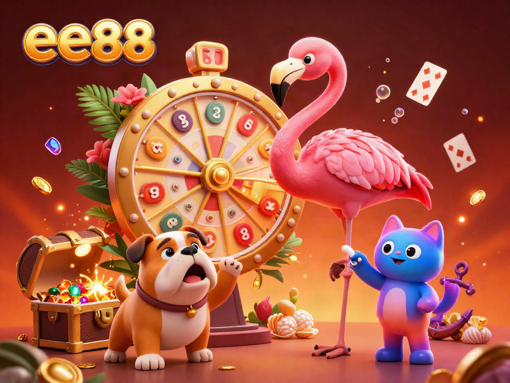 Engage with the vibrant excitement of ee88 as a colorful game show scene bursts with action, gold coins, and playful characters.