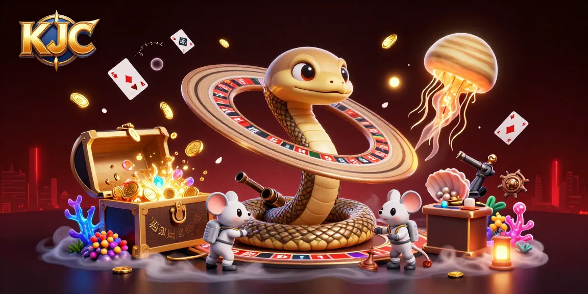 KJC captivates bettors as astronaut mice place bets on a roulette wheel embraced by a Saturn snake.