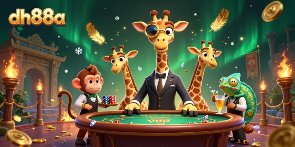 Witness thrilling gameplay at dh88a with whimsical characters celebrating at a luxurious casino.