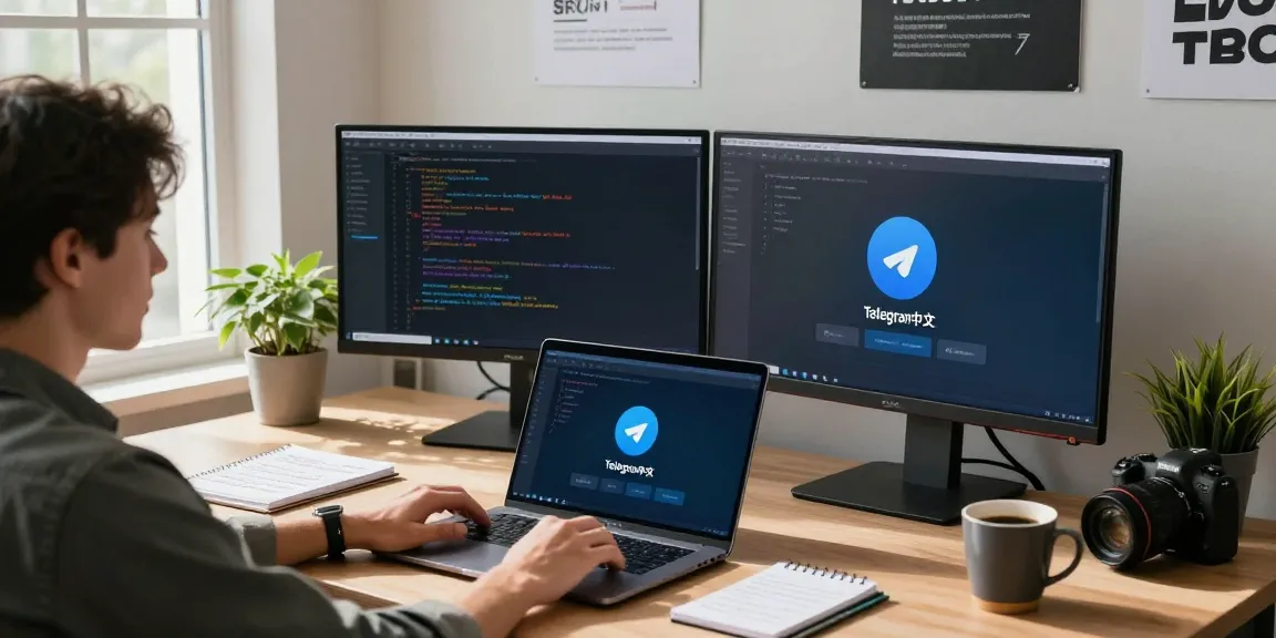 Engaging with Telegram中文 interface in a modern workspace with sunlight illuminating the desk.