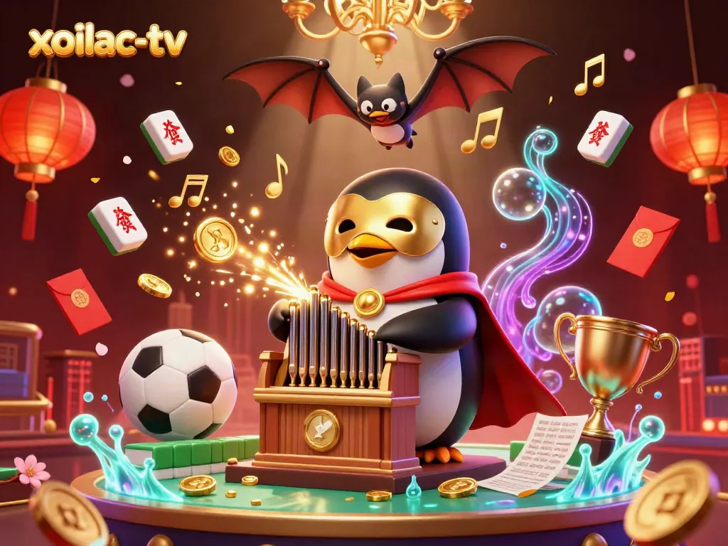 Xoilac-TV offers exciting sports betting action, featuring a penguin in a golden mask and eclectic betting elements.