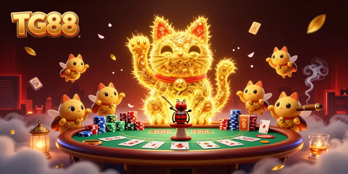 Experience the excitement of TG88 with dynamic visuals of a lucky cat and casino elements
