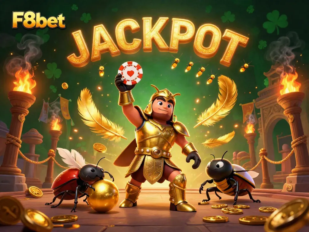Win big with F8bet as a victorious beetle triumphs over a golden poker chip, amidst a celebration of casino riches.