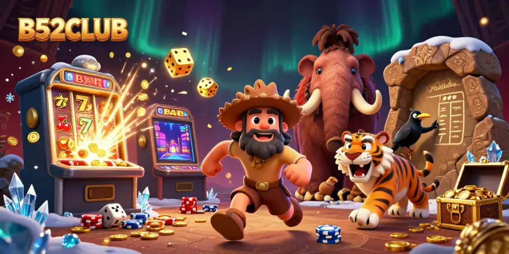 Experience the excitement of B52CLUB with a vibrant 3D casino scene featuring playful characters and dynamic game elements.